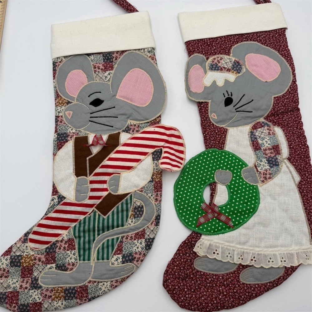 MON AMI Set of 2 Quilted Christmas Stockings Mouse Applique Burgundy Large‎